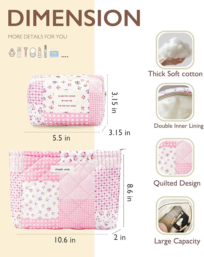 Sminra 2 Pieces Floral Makeup Bag, Cute Travel Quilted Cotton Small Cosmetic Bag Organizer, Coquette Aesthetic Preppy Pouch Purse Toiletry Bag for Women Girls accessories