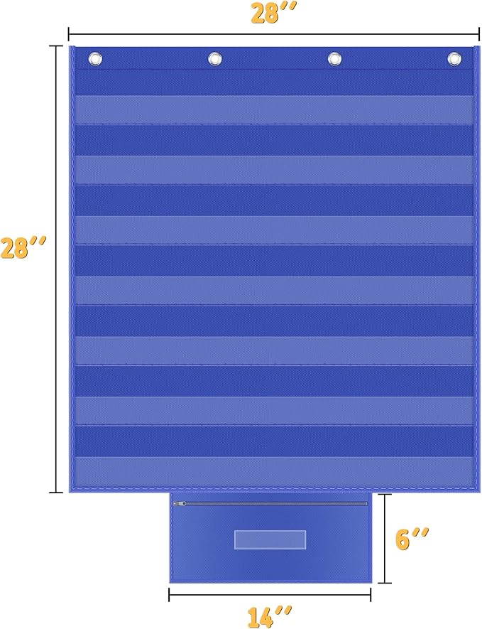 AKAYOK Standard Pocket Chart for Classroom, Clear 7 Pockets Words Chart with Extra Zip Pocket for School Home Office Fits Standard 3” Sentence Strips, Word Cards, Calendar, Visual Schedule (Blue)