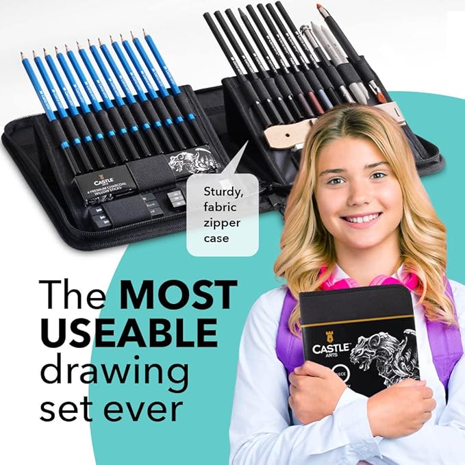 Castle Art Supplies 40 Piece Premium Drawing and Sketching Set with Tutorial | for Artists, Professionals or Beginners | Pencils, Charcoal, Graphite and More | in Neat Carry-Anywhere Zipper Case