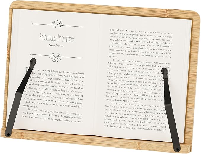 Bamboo Book Stand, Adjustable Book Holder, Music Stand - Lightweight and Stable for Cookbook, Textbook, Notebook, Desk Home Office Kitchen (Small)