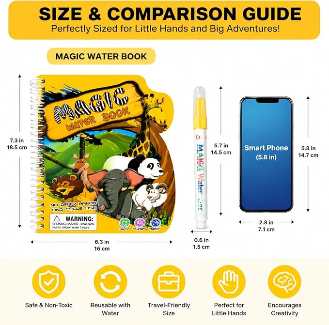 zreboeim Magic Water Coloring Book for Kids, Zoo Animal Themed Reusable Water Doodle Book with Pen, Mess-Free Painting Activity Toy for Toddlers Ages 3+ Educational Travel Gift