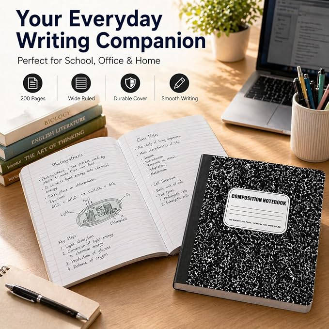 CLEENTABLE Composition Notebook 5 Pack, Wide Ruled Paper, Marble Cover Notebooks for School, 9.75 x 7.5 Inches, 100 Sheets (200 Pages), Sewn Binding Comp Books, Black