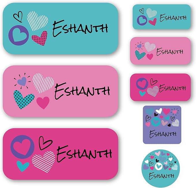 Personalized Kids Name Labels – Waterproof Custom Stickers for Daycare & School, 117 Pack, Dishwasher & Laundry Safe (Heart -2)