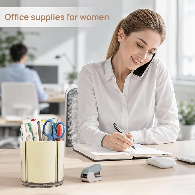 360° Rotating Pen Holder for Desk Adjustable Pencil Organizer, Beige | Plastic Pen Cup for Women Cute Office Supplies and Accessories Desktop Storage Box Art Caddy for School, Work, Home