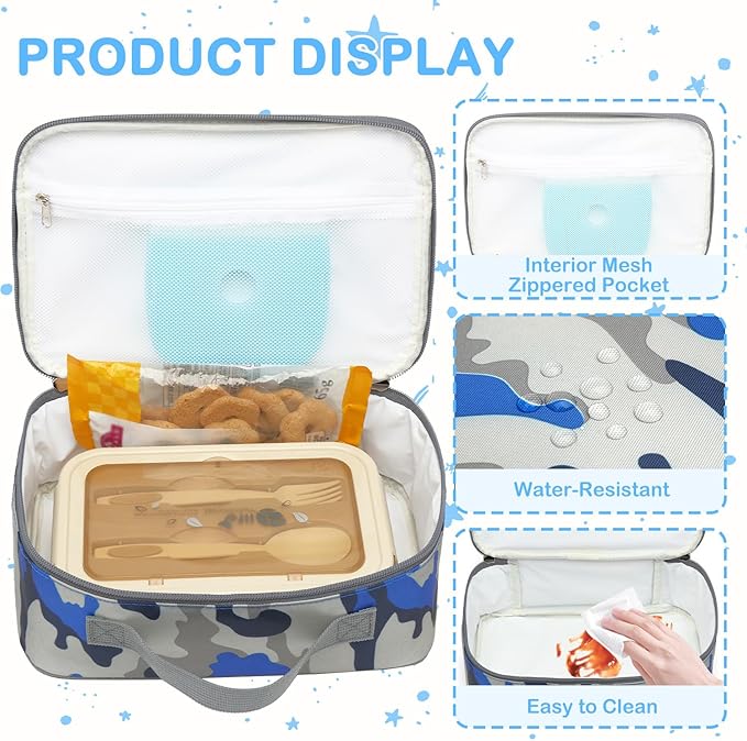 FlowFly Kids Lunch box Insulated Soft Bag Mini Cooler Back to School Thermal Meal Tote Kit for Girls, Boys, Flag
