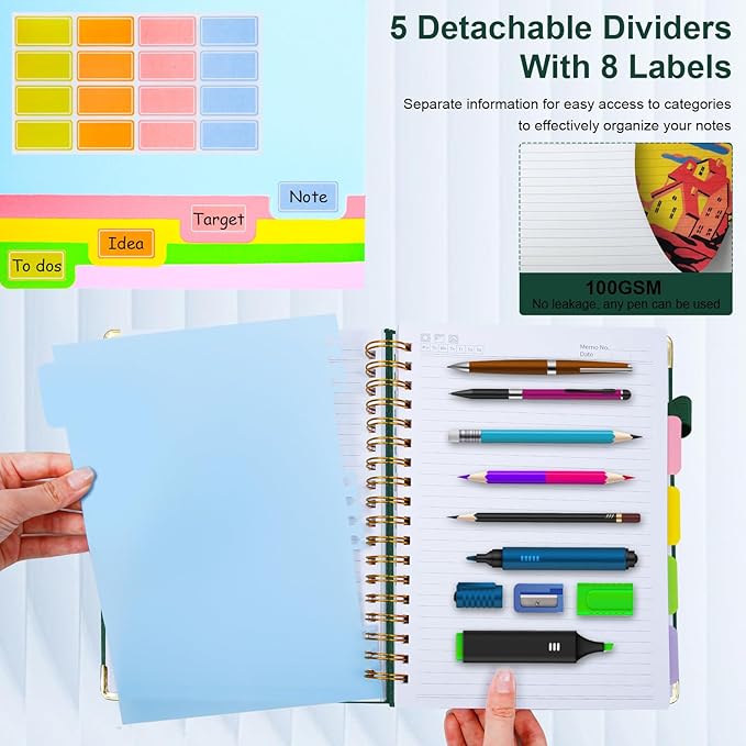 Hardcover Spiral Notebook 8"x10" Journal Notebook with Tabs and Removable Dividers 300 Pages 5 Subject Notebook College Ruled, Faux Leather Spiral Bound Notebook for Women School Work (Green)