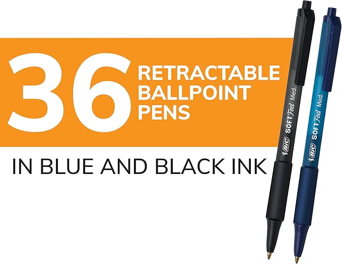 BIC Soft Feel Retractable Ballpoint Pen,1.0 mm Medium Point, Bulk School Supplies for Students and Teachers, No-Slip Grip, 36-Count in Black & Blue