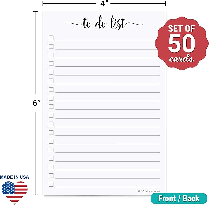 321Done To-Do List Cards, 4x6 Index Cards with Checkboxes, Double-Sided Checklist Note Card, Pack of 50, Daily Task List, Large College-Ruled, Made in USA