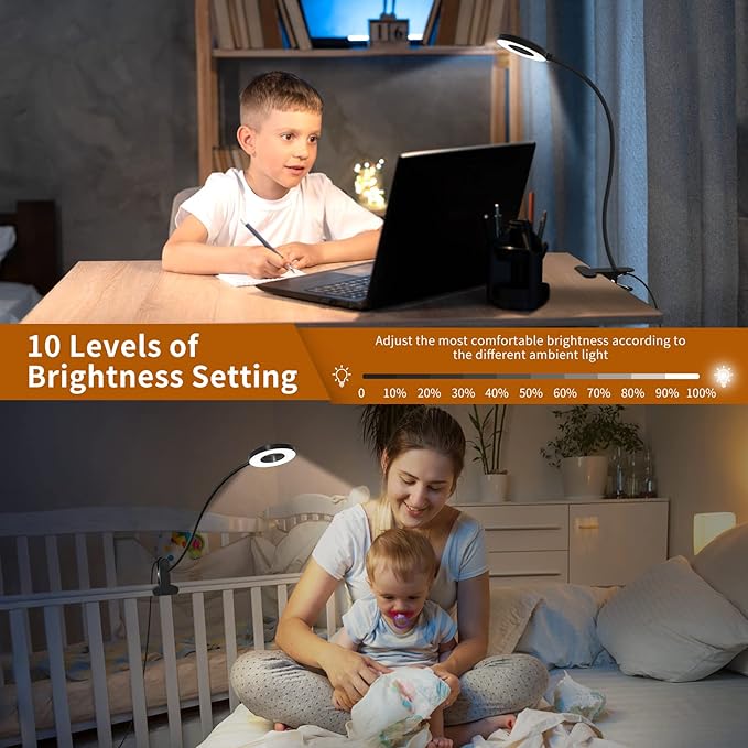 iZELL Desk Lamp, LED Reading Light with Clamp, 3 Color Modes & 10 Brightness Flexible Arm Book Light for Kids Reading Book in Bed at Night Clip on Table, Computer, Zoom Meetings - 27.6‘’ Black