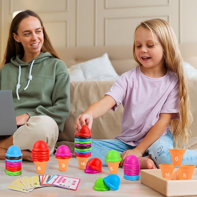 Ice Cream Counting and Color Sorting Stacking Toys for Kids Boys Girls Age 3-5,Montessori Preschool Kindergarten Learning Activities Fine Motor Skill Toys, Number Math Games Learning Toy Gifts