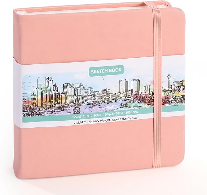 Hardcover Pocket Sketchbook, 5" x 5" Square Mini Sketchbook, 98lb/160gsm Heavyweight Tiny Sketch Book, 80 Sheets Small Travel Drawing Journal for Adults, Artist, Ideal for Gift (Pink)