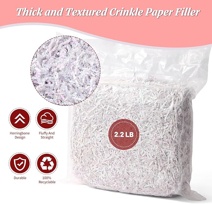 CANIYA 2.2 LB Iridescent Crinkle Cut Paper Shred Filler, Shredded Paper Filling for Gift Basket, Filler Paper for Birthday, Wedding, Anniversaries (Diamond White)