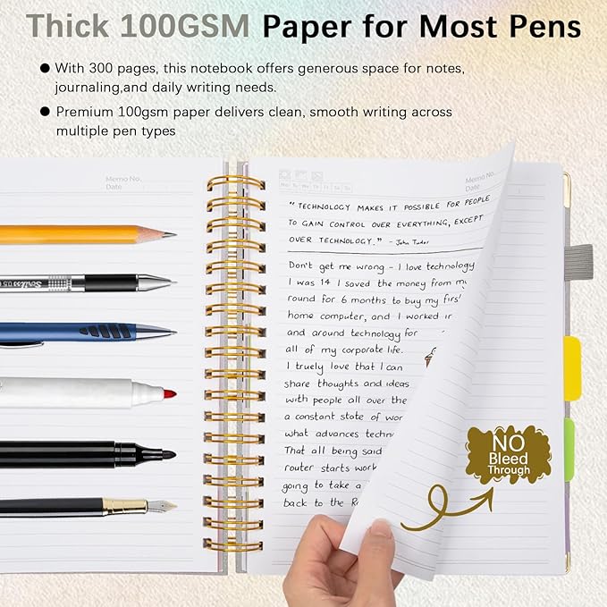 Hardcover Spiral Notebook with Removable Dividers & Tabs, 8"x10" 5 Subject Notebooks for Work, 300 Pages College Ruled Notebook, B5 Sparkle Lined Journal for Women Girls Note-Taking (Silver)