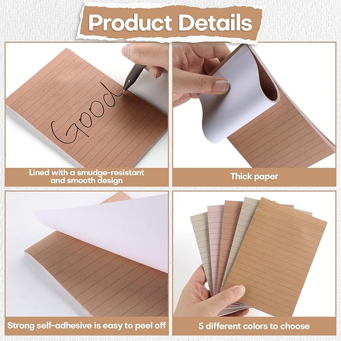 Wiooffen 15 Pads Brown Color Sticky Notes with Lined 4x6in Ruled Self Stick Note Pad Boho Super Sticking Power Memo Pad Vintage Aesthetic School Office Meeting Supplies Accessories 40 Sheets/pad 4x6in