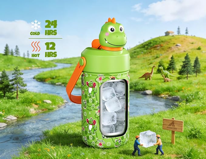 POWCAN Kids Water Bottle for School: 2-in-1 Straw Spout Lid with Soft Animal Head, Leakproof, Backpack Friendly, Keep Cold 24H, Insulated cup for Sports, Playground, Holiday Gift, Cowboy Rex 12 Ounces