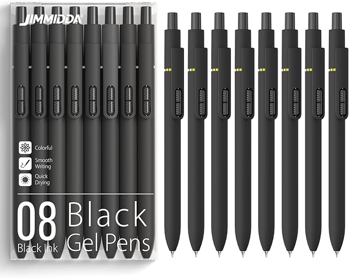 8-Pack Black Gel Pens, 0.7mm Medium Point, Quick-Drying Retractable Ink Pens for Smooth Writing, Office School Supplies for Men Women (Black - 8Pcs)