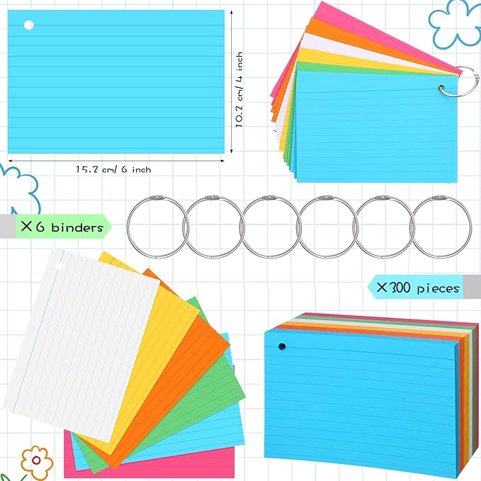 Leelosp 300 Pcs Colored Ruled Index Cards with 6 Rings 180 Gsm Thick Neon Color Study Flash Cards Single Hole Punched Lined Flashcards Studying Notecards One Side for Study(4 x 6 in,Fresh Color)