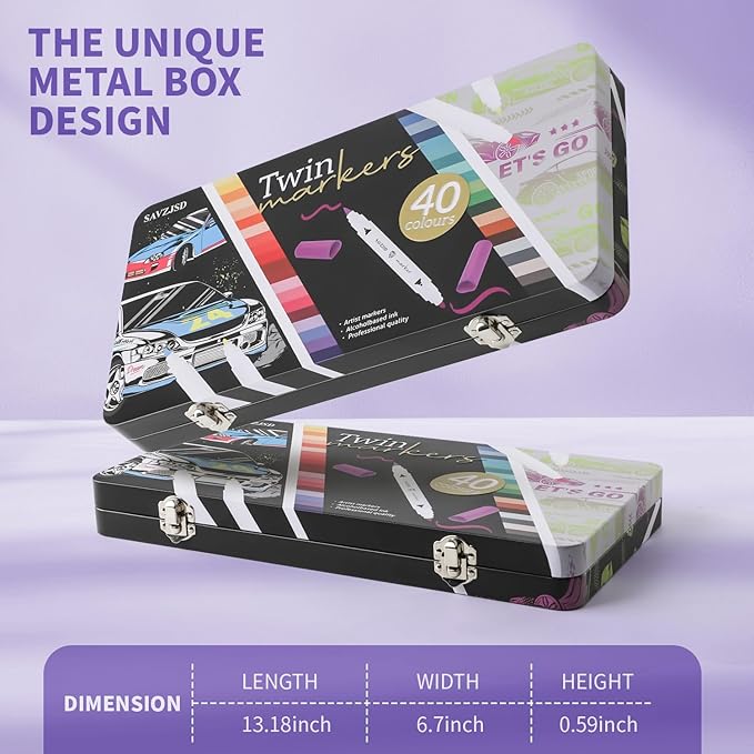 SAVZJSD 40 Colors Alcohol Markers, Premium Dual Tip Markers Set with Metal Box for Artists, Adults in Coloring & Painting (Brush & Fine