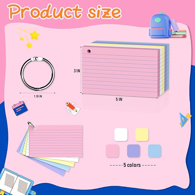 250 Count Colored 3 x 5 Inch Index Cards with Ring, Ruled Flash Cards for Office Use, Portable Note Cards for Study, Thick Flashcards for Home and School