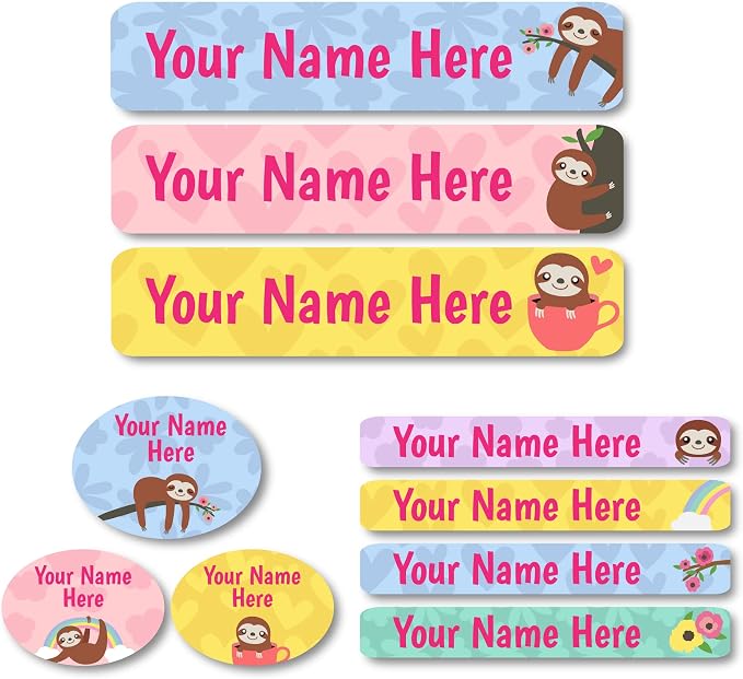 Lovable Labels Personalized Labels for Kids (85 Labels/Pack) - 3 Label Sizes Waterproof Dishwasher Safe Peel & Stick Labels for School Supplies Daycare Camp Clothing Bottles (Sloth Hugs)