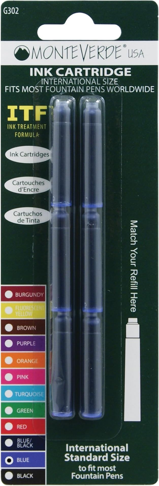 Monteverde Internatinal Size Cartridge to Fit Fountain Pens, Blue, 6 per Pack (G302BU)