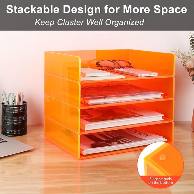 Gelite Acrylic File Organizer for Desk 4 Tiered Stackable Letter Tray Office Paper Storage Desktop Document Sorter, Neon Orange