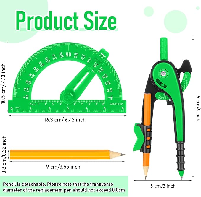 Zonon 2 Pcs Student Protractor and Compass, Student Geometry Math Set Drawing Compass and 180 Degree 6 Inch Protractor with Swing Arm for Drawing Measuring School Office (Green)