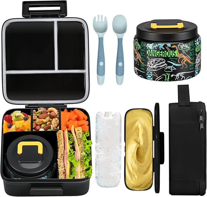 JXXM Bento Lunch Box for Kids With 8oz Soup thermo,Leak-proof Lunch Containers with 5 Compartment,thermo Food Jar and Lunch Bag, Food Containers for School (A-Black(Dinosaur Fossil))