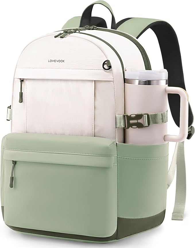 LOVEVOOK Laptop Backpack for Women with Giant Tumbler Holder,15.6 Inch Laptop Computer Bag Travel Backpack Purse,Waterproof Work Business Backpack College Bookbag Teacher Bags,Beige-Mint Green