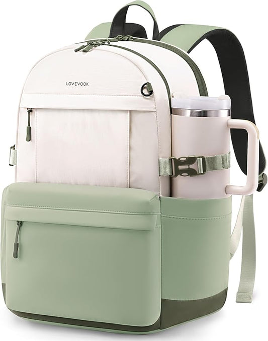 LOVEVOOK Laptop Backpack for Women with Giant Tumbler Holder,17.3 Inch Laptop Computer Bag Travel Backpack Purse,Waterproof Work Business Backpack College Bookbag Teacher Bags,Beige-Mint Green