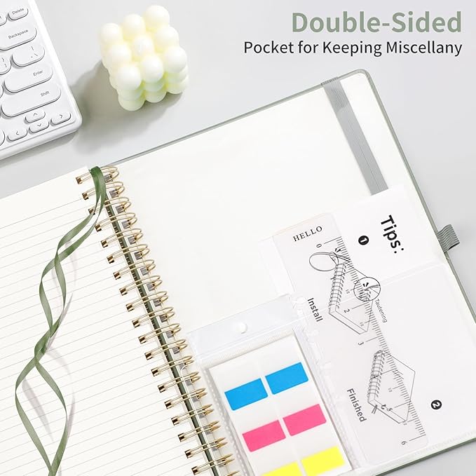 EMSHOI A4 Spiral Notebook College Ruled, Large 8.27"x11.2", Thick 300 Numbered Pages 100GSM Ink-Proof, Faux Leather Hardcover Lay-Flat Lined Journal for Work Office School Writing, Light Green