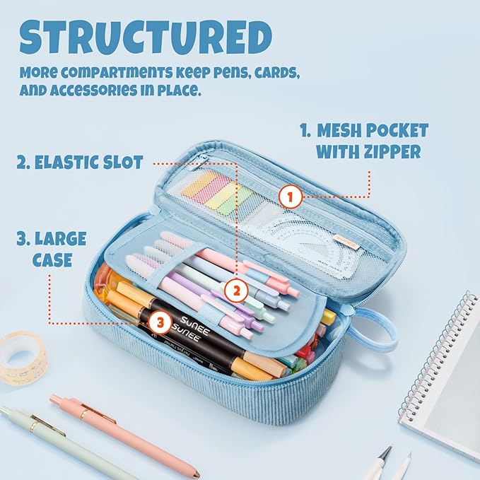 SUNEE Cute Pencil Case, Large Capacity Pencil Pouch Aesthetic Zipper Pencil Bag, Big Storage Pen Organizer for Stationery, Soft Corduroy Pencil Box Back to School Supplies for Teen Girls Boys, Blue