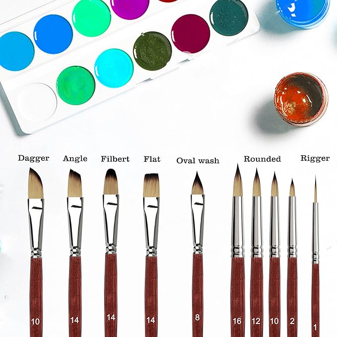 Sdanart Watercolor Brushes Professional，10 PCS Artist Paint Brush Shapes Including Pointed Rounds, Flats，Filbert，Cat's Tongue Oval Wash，Dagger，Suitable for Acrylics Water Color Oil Gouache Ink