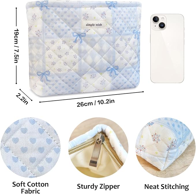 STARDW Cute Cotton Quilted Makeup Bag, Travel Cosmetic Pouch for Women | Soft Cosmetic Bag for Skincare, Brushes & Toiletries, Floral Travel Toiletry Bag, Purse Organizer Pouches, Canvas Lining
