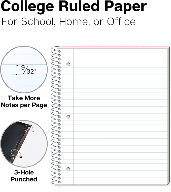 Dunwell 3 Subject Notebook College Ruled (Red), 150 Sheets (300 Pages), Spiral Notebook 8.5 x 11, Plastic Cover, 3 Pocket Divider Folders, 3-Hole Punched Perforated Paper