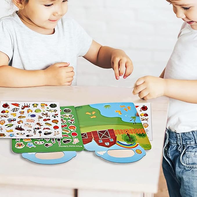 Reusable Sticker Books for Kids, 4 Sets Removable Toddler Sticker Book for Girls Boys Educational Learning Toys - Vehicle, Farm, Dinosaur & Zoo Animal