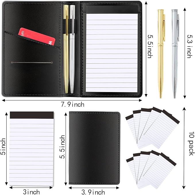 13 Pieces Mini Pocket Notepad Set,Included Leather Pocket Notepad Holder,10 Pack 3×5 Inch Small Notebook Refills,30 Lined Paper Per,2 Metal Ballpoint Pens
