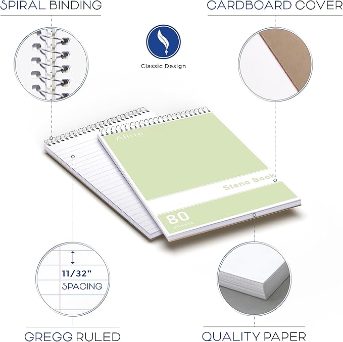 Alitte Steno Pads Spiral 6x9-12 Pack Pastel Colors - Perfect for Work, School, and Home Use, Easy Tear-Off Pages, Gregg ruled, White Paper - No Ink Bleeds - 80 Sheets