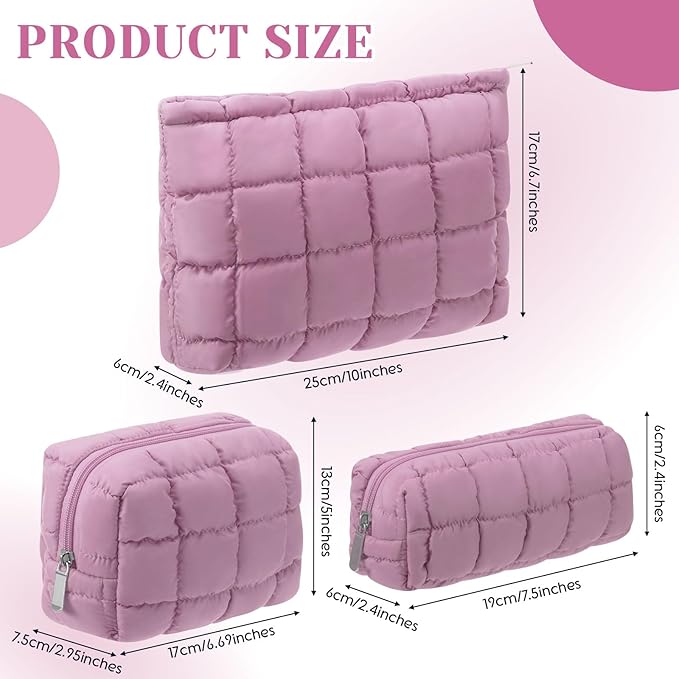 Huhumy 3 Pcs Puffy Makeup Bag Quilted Cosmetic Pouch for Women Cute Checkered Travel Toiletry Bag Puffer Makeup Organizer Purse Pouch Preppy Pencil Case with Zipper(Nude Pink)