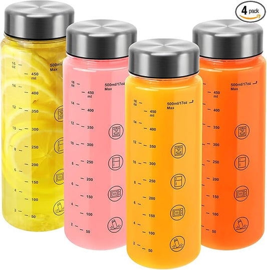 4 Pack Plastic Juice Bottles with Caps - Wide Mouth Resuable Clear Plastic Water Bottles for Juicing,Smoothie,Protein, Beverage,Storage Containers,BPA Free,Leakproof Stainless Steel Lid(16 Ounces)