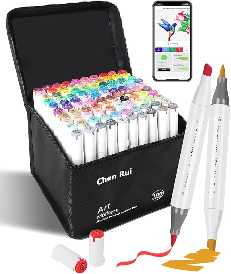 YHC 100 Colors Alcohol Markers Brush Tip with Free App, Chen Rui Series Chisel & Brush Tips Alcohol Brush Markers for Adults Coloring, Drawing, Painting, Illustration, Sketching