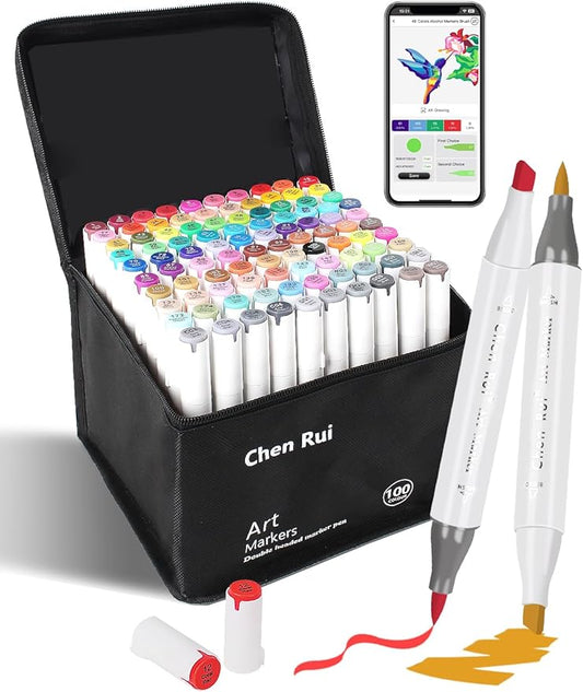 YHC 100 Colors Alcohol Markers Brush Tip with Free App, Chen Rui Series Chisel & Brush Tips Alcohol Brush Markers for Adults Coloring, Drawing, Painting, Illustration, Sketching