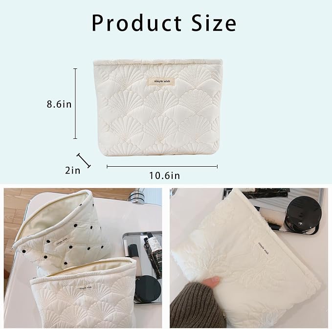 uekeboag White Shells Quilted Cotton Makeup Bag,Coquette Travel Pouch | Cotton Aesthetic Cosmetic Bag for Women,Shell Embroidery,Wedding Gifts, Bridal Gifts
