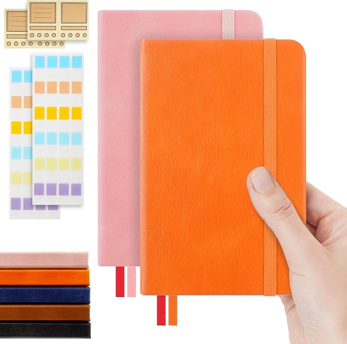 MicroSpark Pocket Dotted Notebook, (Orange & Pink), 2-Pack Dot Grid Notebook, Dotted Journal with Stickers, 3.5" x 5.5" Hardcover, Small Mini A6 size, 160 Pages, 100 gsm Thick Paper