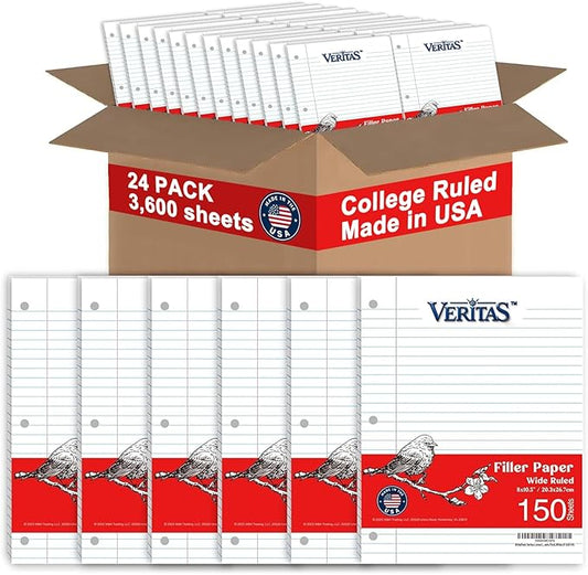 Loose Leaf Paper Wide Ruled, 8" x 10.5" Binder Filler Paper, 3 Hole Punched Notebook Paper, 3600 Sheets Total 24 Pack 150 Sheets/Pack, Bulk School & Office Supplies, Made in USA