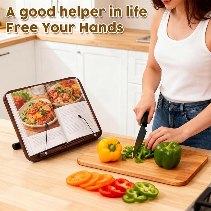 2 in 1 Dual-use Music Stand & Desktop Book Stand, Adjustable Height 16.5"-51", 100% Solid Wood Laptop Floor Stand Book Holder with Elastic Page Clips for Cookbooks, Sheet Music (Black Walnut)