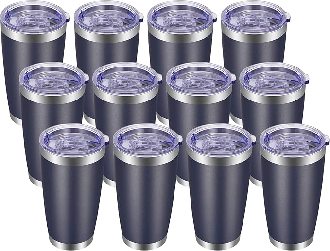 VEGOND 20oz Tumbler with Lid and Straw Stainless Steel Tumbler Cup Bulk Vacuum Insulated Double Wall Travel Coffee Mug Powder Coated Coffee Cup, Navy Blue, 12 Pack