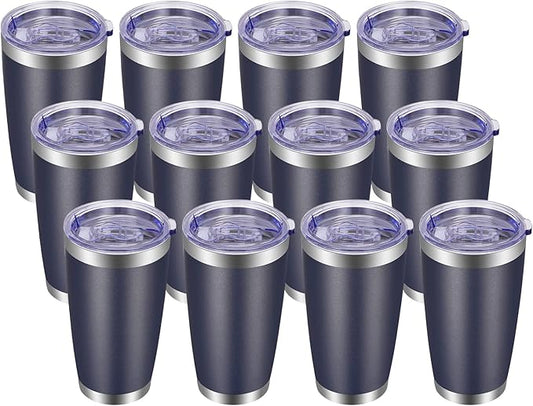 VEGOND 20oz Tumbler with Lid and Straw Stainless Steel Tumbler Cup Bulk Vacuum Insulated Double Wall Travel Coffee Mug Powder Coated Coffee Cup, Navy Blue, 12 Pack