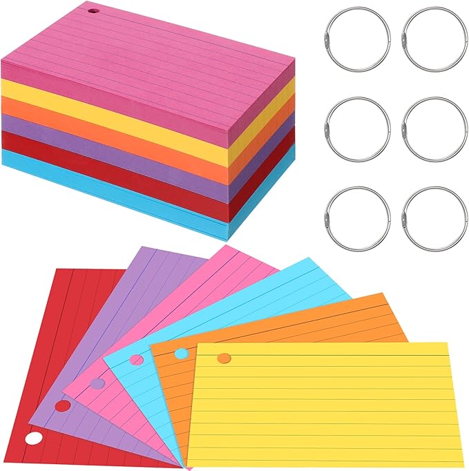Epakh 300 Pieces Lined Index Cards 180 GSM Thick Flash Cards with Rings Notecards Punched Back to School for Studying Adults Home College Office(3 x 5 Inch,Dark Color)