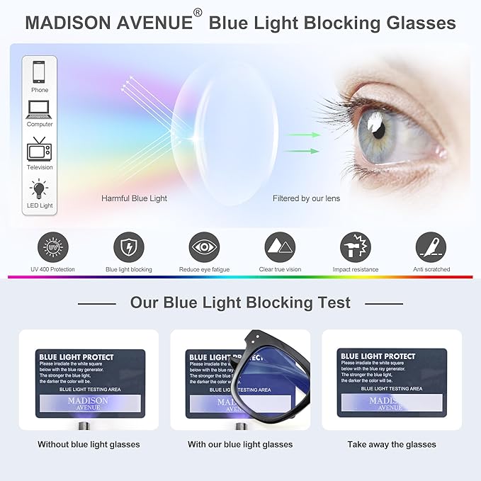 Madison Avenue Blue Light Blocking Glasses Oversized Fashion Blue Light Blocker for Women Anti Eyestrain & UV Protection Computer Eyeglasses (Black)